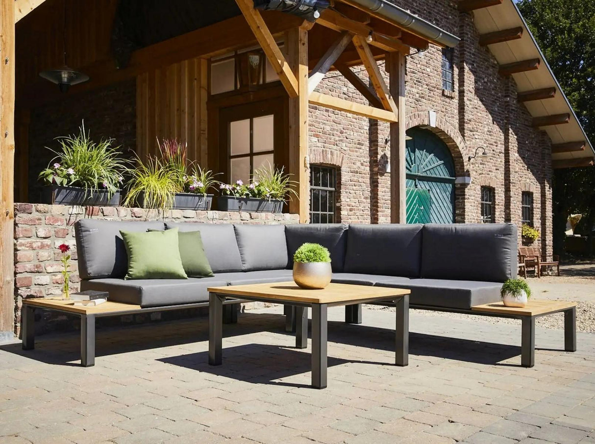 Reno Lounge-Set, Aluminium Ecklounge, Doppelsitz-Sofas, Teak Ablageflächen, Eckelement, Tisch, Teakholzplatte, Gartenmöbel, zeitlose Eleganz, höchster Komfort, Terrassenmöbel, Outdoor-Möbel