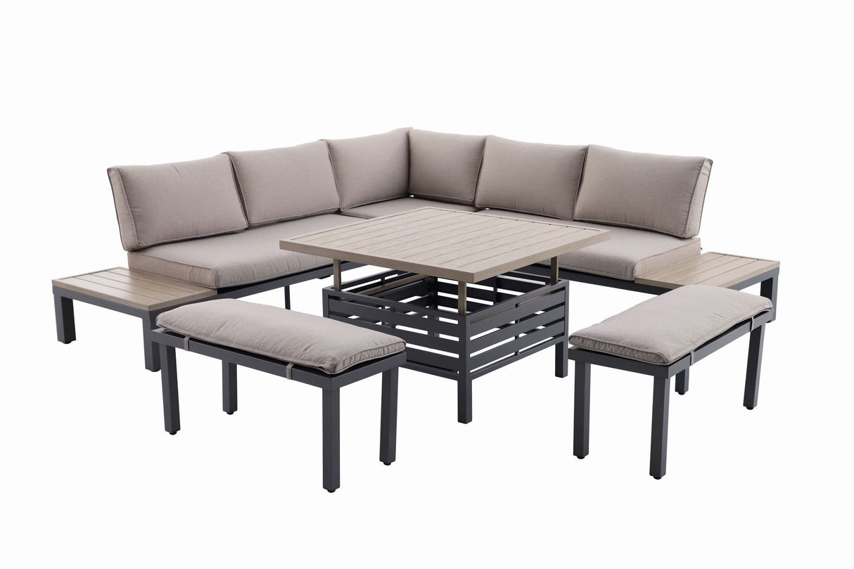 Creador Lounge-Set Berlin 4-teilig Kaffee-Set Aluminium PVC-beschichtetes Polyestergewebe Abnehmbare Kissen Spunpoly 240 g Outdoor-Möbel Gartenmöbel Luxuriöses Ambiente Dachterrasse Stadtbalkon 2-Sitzer Sofa Sessel Lounge Tisch Anthracite Stabile Aluminium-Konstruktion Wetterfeste Polster Holzarmlehnen UV-beständig Pflegeleicht Witterungsbeständig Lichtecht Gemütlichkeit Langlebigkeit Sommer Exklusives Design