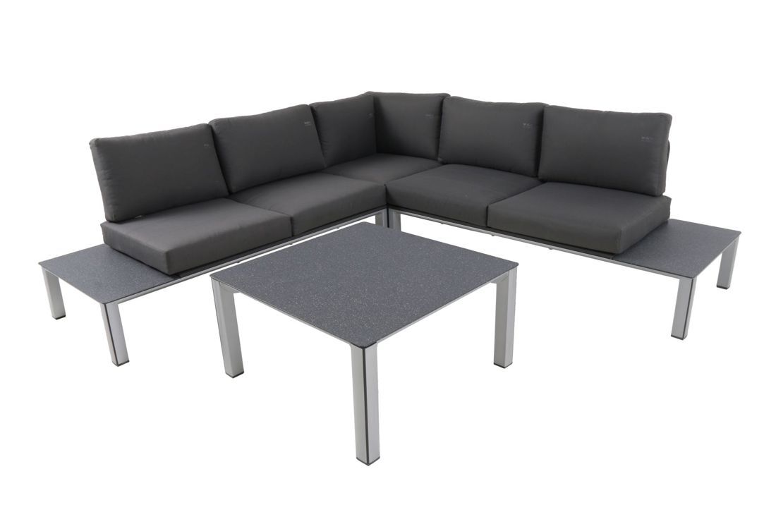 Kedline Lounge, Gartenmöbel, entspannte Stunden, Platz für fünf Personen, einladende Behaglichkeit, wetterfest, langlebig, pflegeleicht, komfortable Kissen, UV-beständig, Eck-Lounge, Balkon, Terrasse, Ruheoase, Aluminiumgestell, Sitzpolster, Rückenpolster, Kaffeetisch, beschichtete Glasplatte, Ecklounge Set, Doppelsitz-Sofas, Tisch