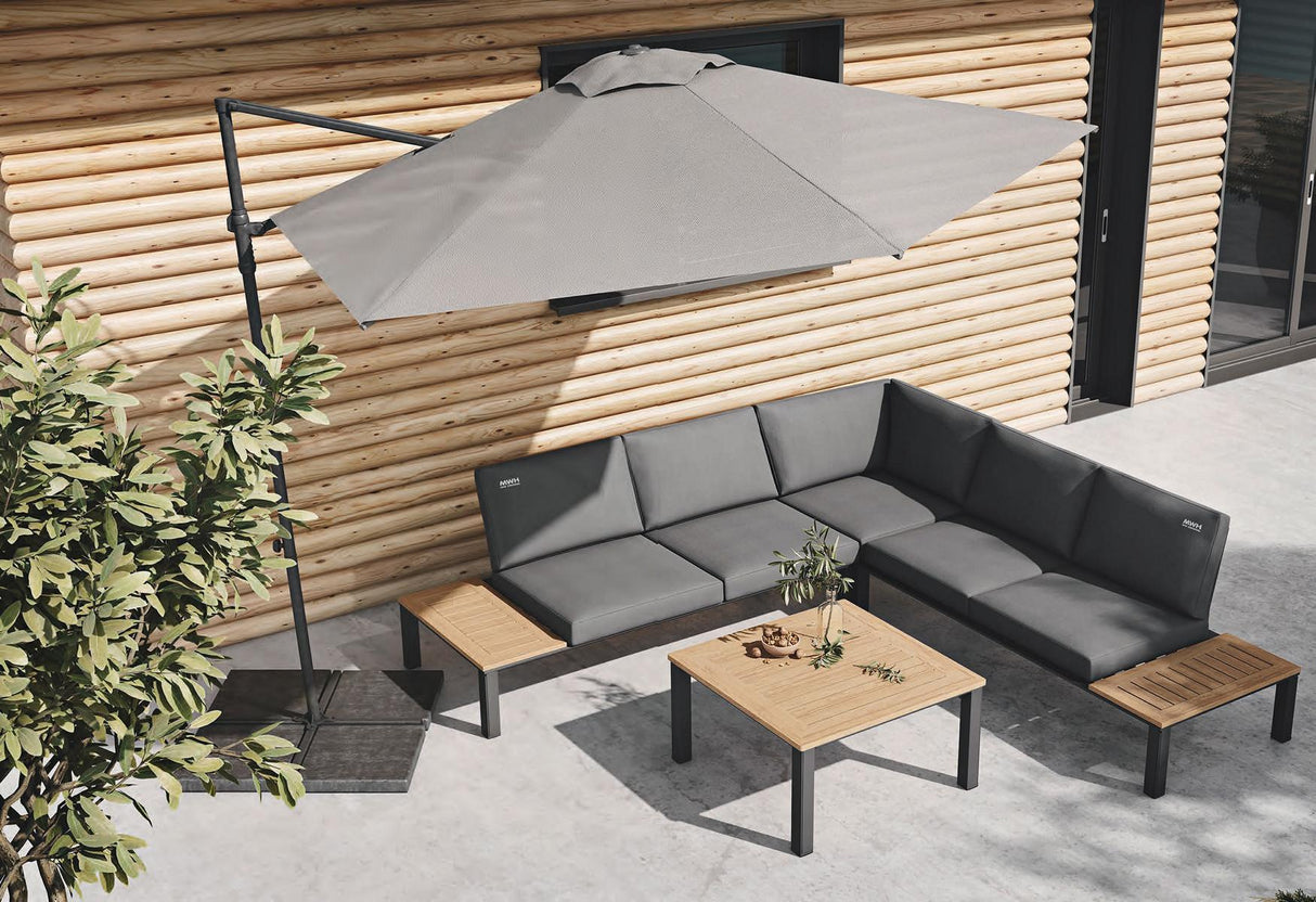 Reno Lounge-Set, Aluminium Ecklounge, Doppelsitz-Sofas, Teak Ablageflächen, Eckelement, Tisch, Teakholzplatte, Gartenmöbel, zeitlose Eleganz, höchster Komfort, Terrassenmöbel, Outdoor-Möbel