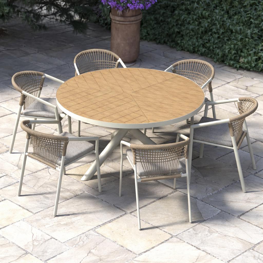 creador Rondo runder Gartentisch aus Aluminium mit Holzoptik Tischplatte mit Runo Stapelstühlen