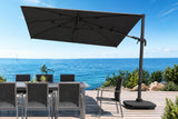 MWH Adapto Hängeschirm quadratisch 300 cm Aluminium Anthrazit/Schwarz mit Stühlen und tisch