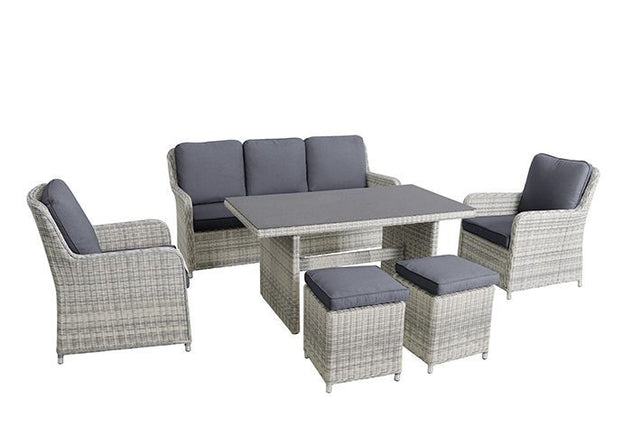 Lodrino Gartenmöbel, Geflechtmöbel-Set, Polyrattan, wetterbeständig, Outdoor-Polster, 3-Sitzer-Sofa, Sessel, Hocker, Tisch, entspannte Stunden im Freien