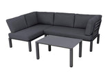 Lounge-Set WIDOO, beidseitig montierbare Seiten, Aluminium Ecklounge, Doppelsitz-Sofa, Chaiselounge, Kaffeetisch, beschichtete Glasplatte, UV-beständige Polster, stabiles Aluminiumgestell, max. Belastbarkeit 240 kg pro Element, pflegeleicht, wetterfest, erstklassiger Komfort