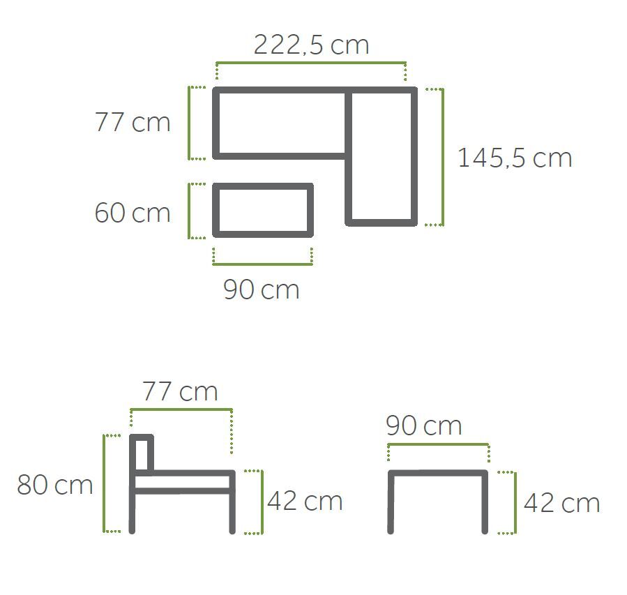 Lounge-Set WIDOO, beidseitig montierbare Seiten, Aluminium Ecklounge, Doppelsitz-Sofa, Chaiselounge, Kaffeetisch, beschichtete Glasplatte, UV-beständige Polster, stabiles Aluminiumgestell, max. Belastbarkeit 240 kg pro Element, pflegeleicht, wetterfest, erstklassiger Komfort