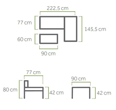 Lounge-Set WIDOO, beidseitig montierbare Seiten, Aluminium Ecklounge, Doppelsitz-Sofa, Chaiselounge, Kaffeetisch, beschichtete Glasplatte, UV-beständige Polster, stabiles Aluminiumgestell, max. Belastbarkeit 240 kg pro Element, pflegeleicht, wetterfest, erstklassiger Komfort