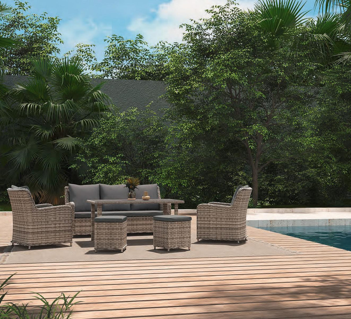 Lodrino Gartenmöbel, Geflechtmöbel-Set, Polyrattan, wetterbeständig, Outdoor-Polster, 3-Sitzer-Sofa, Sessel, Hocker, Tisch, entspannte Stunden im Freien