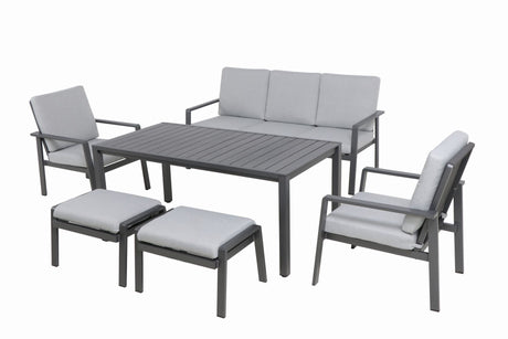 Low-Dining Set, Atlantico Lounge-Set, Gartenmöbel, Aluminium Ecklounge, Vielseitiges Outdoor-Set, Wetterfeste Polster, Bequemer Sitzkomfort, Lounge-Charakter, Entspannen im Garten, Geselliges Beisammensitzen, Praktische Wohnlichkeit, Armlehnen, Abnehmbare Bezüge, 3er Sofa, Lounge-Tisch, Hocker als Sitzgelegenheit, Stabiler Aluminiumrahmen, Pflegeleicht, Matt Grau, Wohlfühl-Oase, Stilvolles Dining, Optimal abgestimmte Sitz- und Tischhöhe, Max. Belastbarkeit 120 kg, 100% Polyester Polster