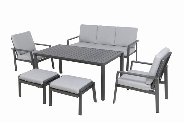 Low-Dining Set, Atlantico Lounge-Set, Gartenmöbel, Aluminium Ecklounge, Vielseitiges Outdoor-Set, Wetterfeste Polster, Bequemer Sitzkomfort, Lounge-Charakter, Entspannen im Garten, Geselliges Beisammensitzen, Praktische Wohnlichkeit, Armlehnen, Abnehmbare Bezüge, 3er Sofa, Lounge-Tisch, Hocker als Sitzgelegenheit, Stabiler Aluminiumrahmen, Pflegeleicht, Matt Grau, Wohlfühl-Oase, Stilvolles Dining, Optimal abgestimmte Sitz- und Tischhöhe, Max. Belastbarkeit 120 kg, 100% Polyester Polster