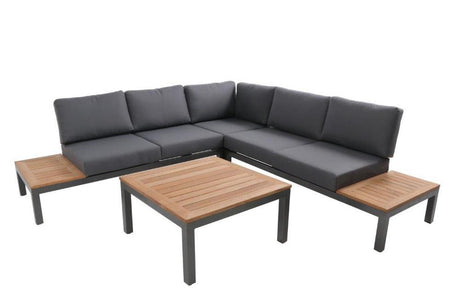  Reno Lounge-Set, Aluminium Ecklounge, Doppelsitz-Sofas, Teak Ablageflächen, Eckelement, Tisch, Teakholzplatte, Gartenmöbel, zeitlose Eleganz, höchster Komfort, Terrassenmöbel, Outdoor-Möbel