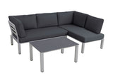 Lounge-Set WIDOO, beidseitig montierbare Seiten, Aluminium Ecklounge, Doppelsitz-Sofa, Chaiselounge, Kaffeetisch, beschichtete Glasplatte, UV-beständige Polster, stabiles Aluminiumgestell, max. Belastbarkeit 240 kg pro Element, pflegeleicht, wetterfest, erstklassiger Komfort