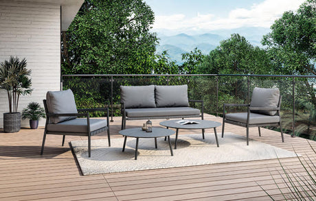 MWH Ropero Lounge-Set 5-tlg. Sofa-Set Aluminiumgestell maximale Belastung 240 kg wetterfest langlebig extra dicke Kissen erstklassiger Sitzkomfort zeitloses Design hochwertige Materialien Terrasse Garten Balkon Blickfang Stil Funktionalität Maße Sessel 2-Sitzer Sofa Tische Farbe Mat Grey Anthracite Tischplatte Fairstone